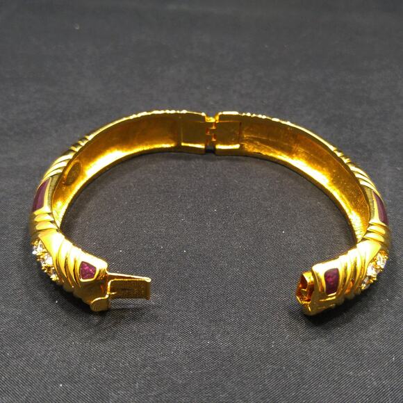 Joan Rivers Gold Plated Red Enamel Rhinestone Hinged Bracelet Vintage Jewelry - Picture 9 of 9